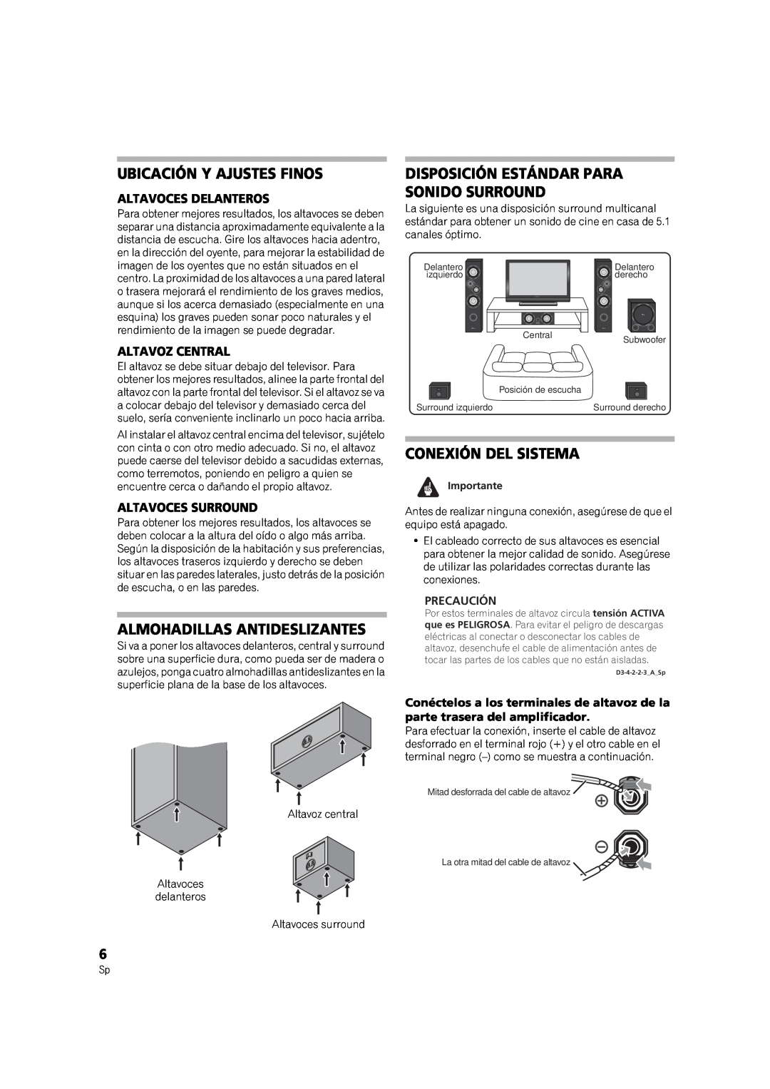 Pioneer S-RS3TB manual Ubicación Y Ajustes Finos, Almohadillas Antideslizantes, Disposición Estándar Para Sonido Surround 