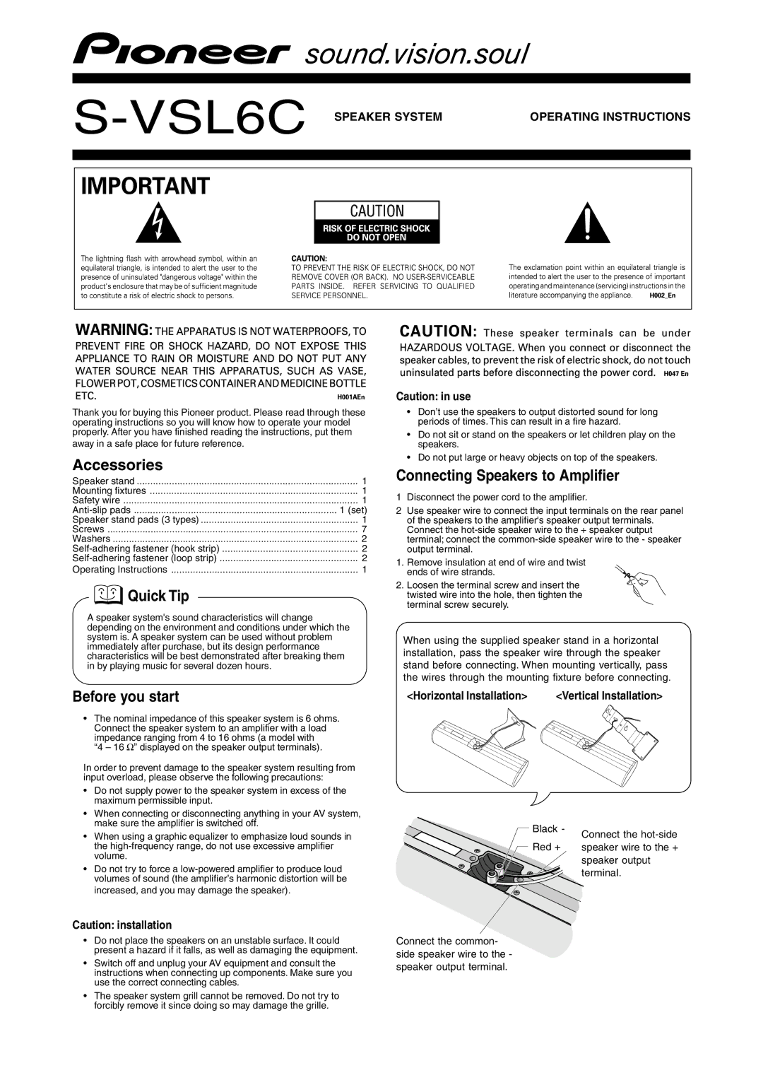 Pioneer S-VSL6C operating instructions Accessories, Quick Tip, Before you start, Connecting Speakers to Amplifier 