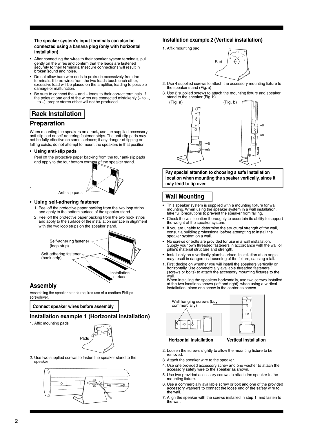 Pioneer S-VSL6C operating instructions Rack Installation Preparation, Assembly, Wall Mounting, Using self-adhering fastener 