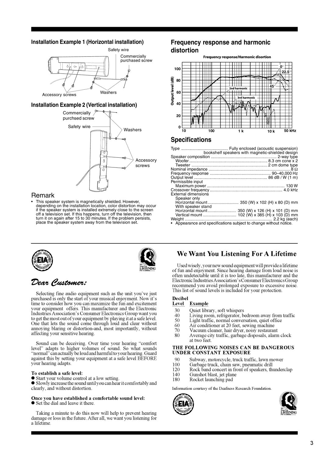 Pioneer S-VSL6C operating instructions Frequency response and harmonic, Distortion 