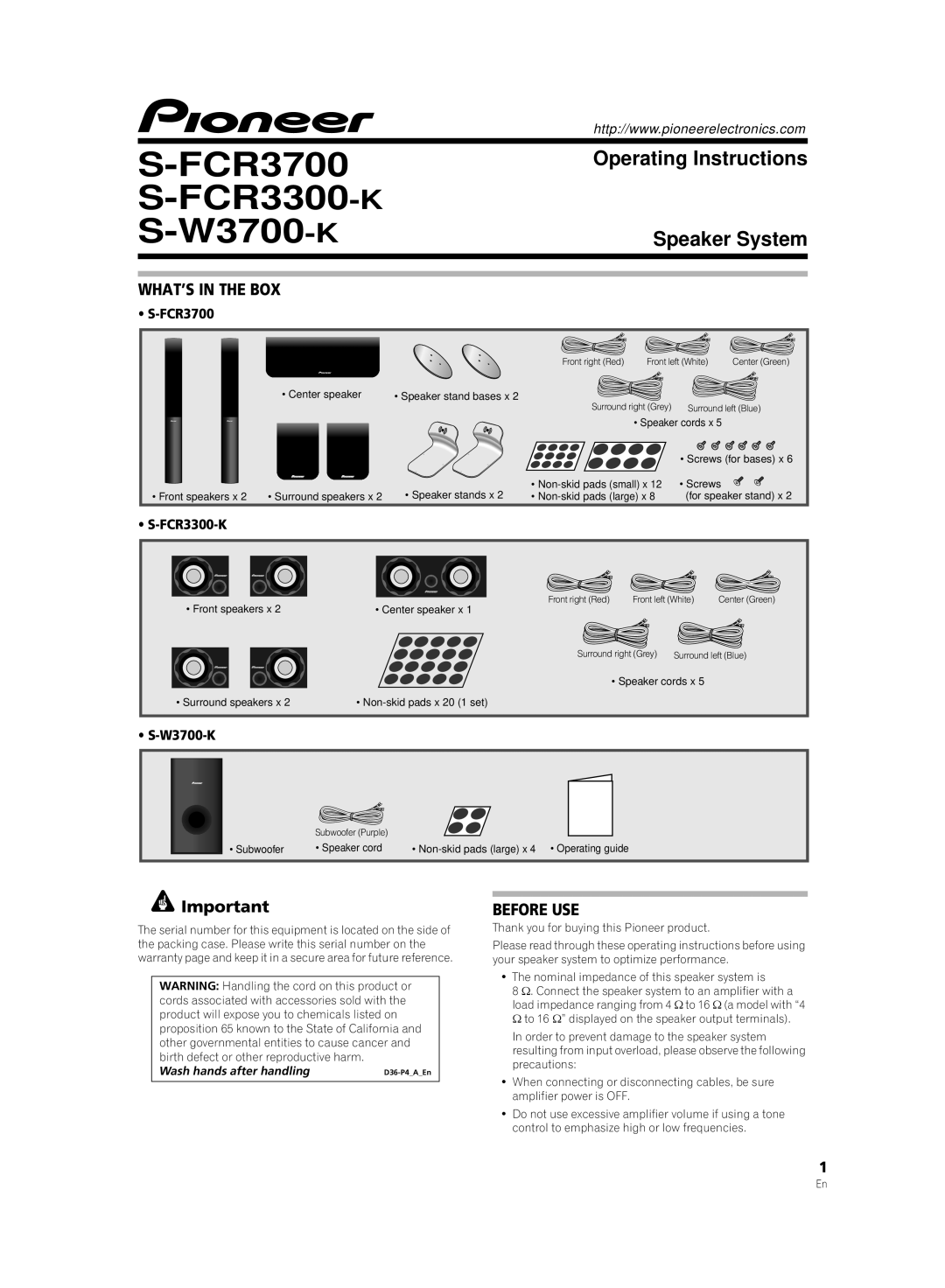 Pioneer S-FCR3700, S-W3700-K, S-FCR3300-K warranty WHAT’S in the BOX, Before USE 