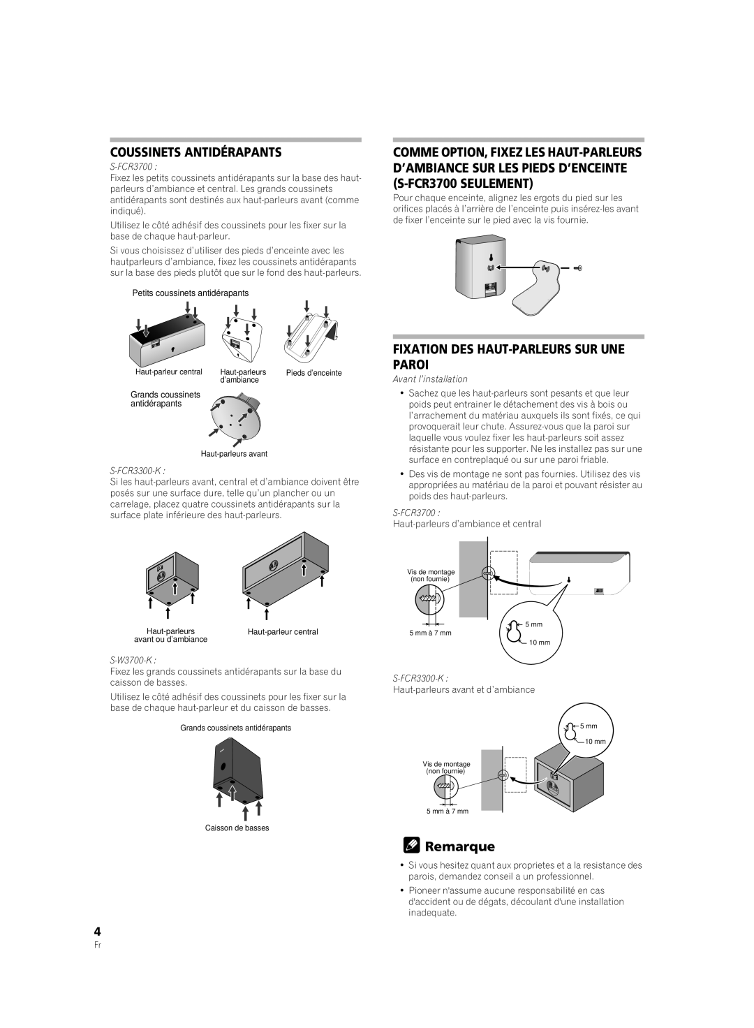 Pioneer S-FCR3700, S-W3700-K, S-FCR3300-K warranty Coussinets Antidérapants, Fixation DES HAUT-PARLEURS SUR UNE Paroi 