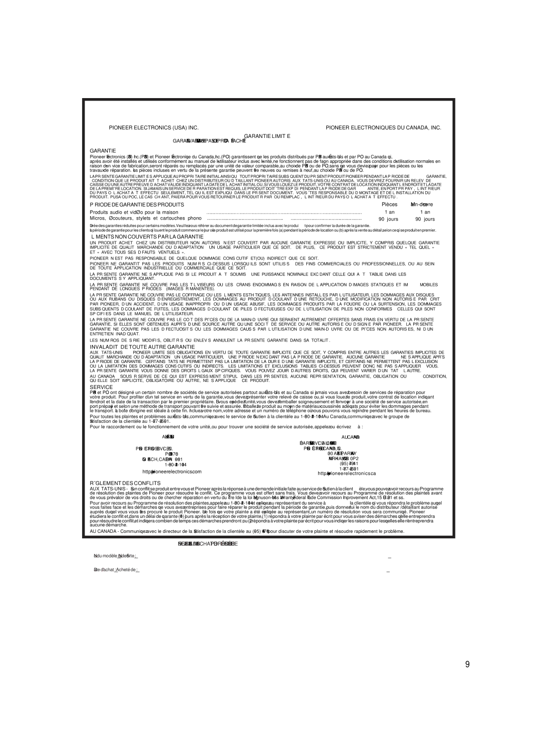 Pioneer S-W3700-K, S-FCR3700, S-FCR3300-K warranty Garantie Limitée 