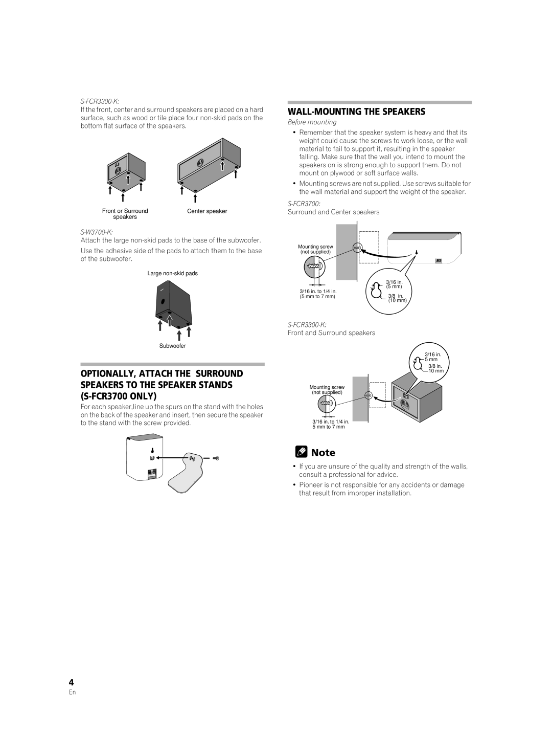 Pioneer S-FCR3700, S-W3700-K, S-FCR3300-K warranty WALL-MOUNTING the Speakers 