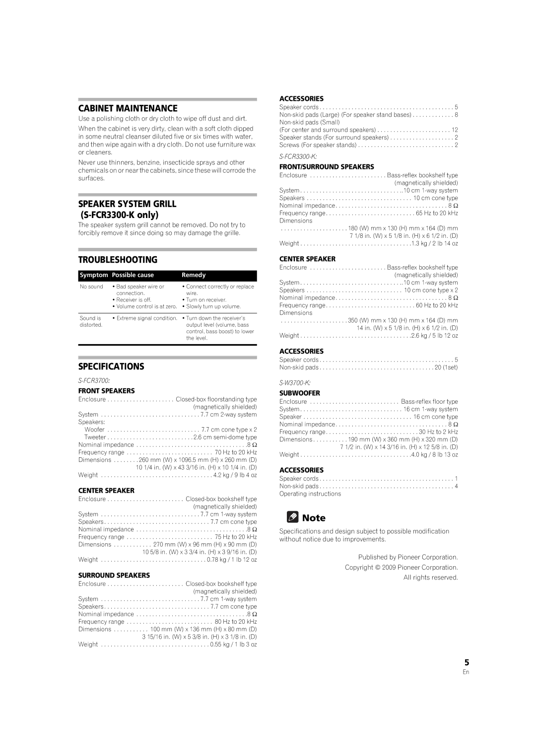 Pioneer S-FCR3300-K, S-W3700-K, S-FCR3700 warranty Cabinet Maintenance, Troubleshooting, Specifications 