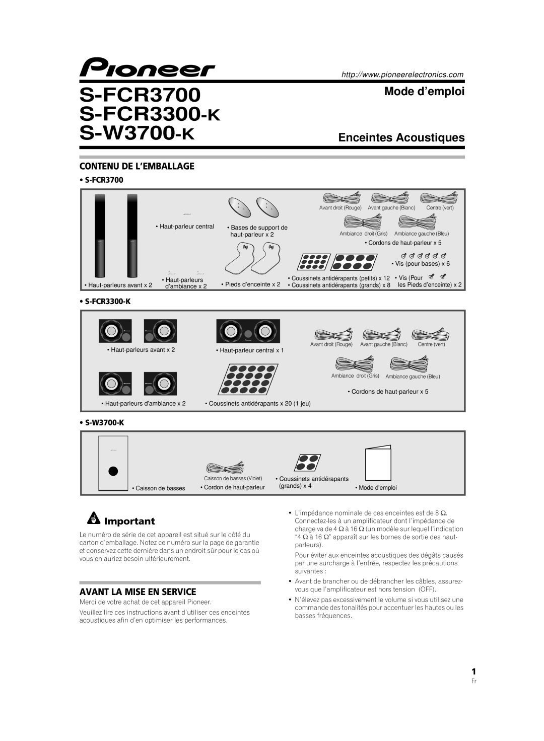 Pioneer S-FCR3700, S-W3700-K, S-FCR3300-K warranty Contenu DE L’EMBALLAGE, Avant LA Mise EN Service 