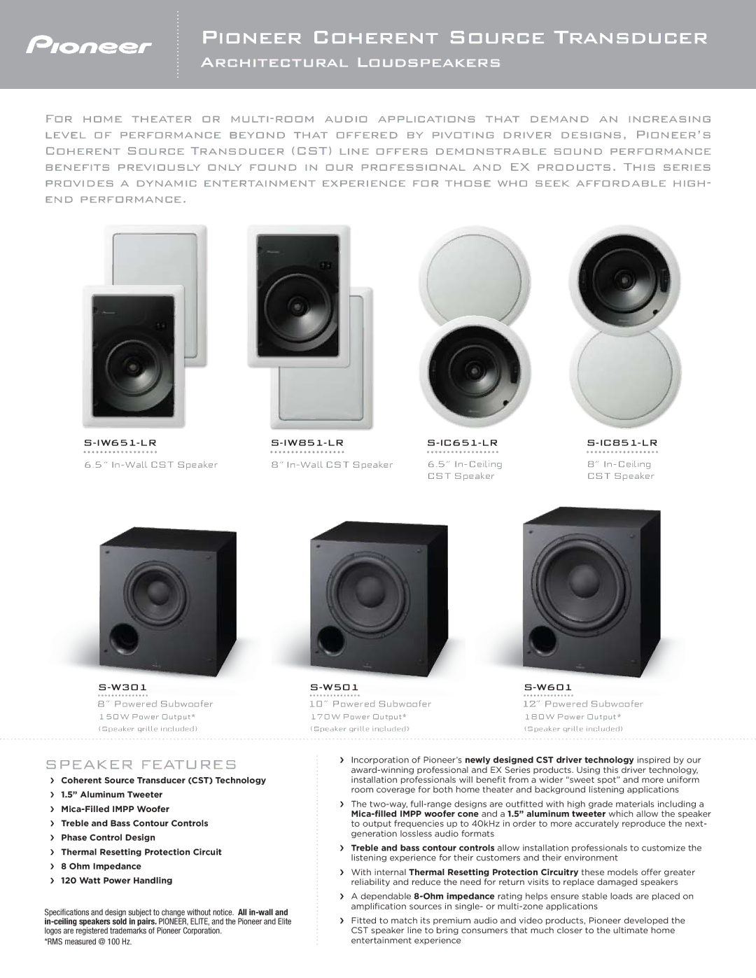 Pioneer S-W601, S-W501 specifications Pioneer Coherent Source Transducer, Architectural Loudspeakers, Speaker Features 