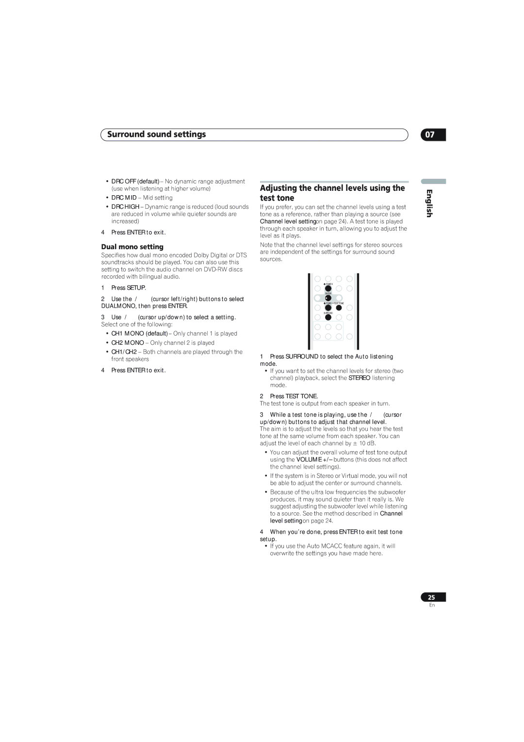 Pioneer SX-X360, S-X360 manual Surround sound settings, Adjusting the channel levels using the test tone, Dual mono setting 