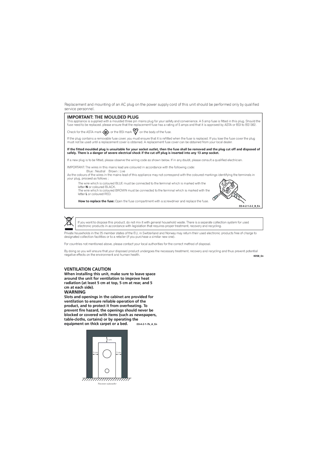 Pioneer SX-X360, S-X360 manual Important the Moulded Plug 