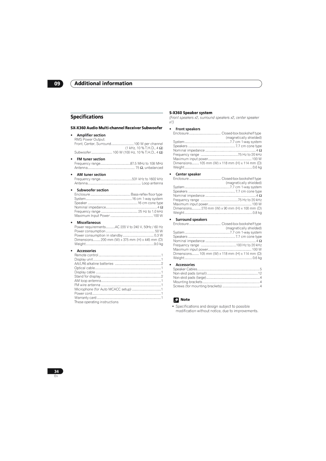 Pioneer S-X360, SX-X360 manual Additional information Specifications, X360 Speaker system 