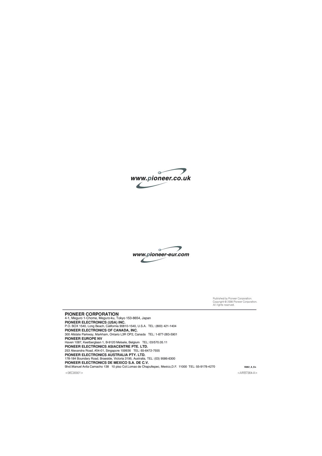 Pioneer SX-X360, S-X360 manual Pioneer Electronics USA INC, Pioneer Electronics of CANADA, INC, Pioneer Europe NV 