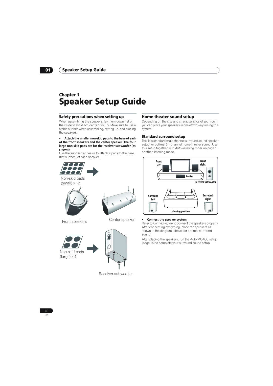 Pioneer S-X360, SX-X360 manual Speaker Setup Guide Chapter, Safety precautions when setting up, Home theater sound setup 