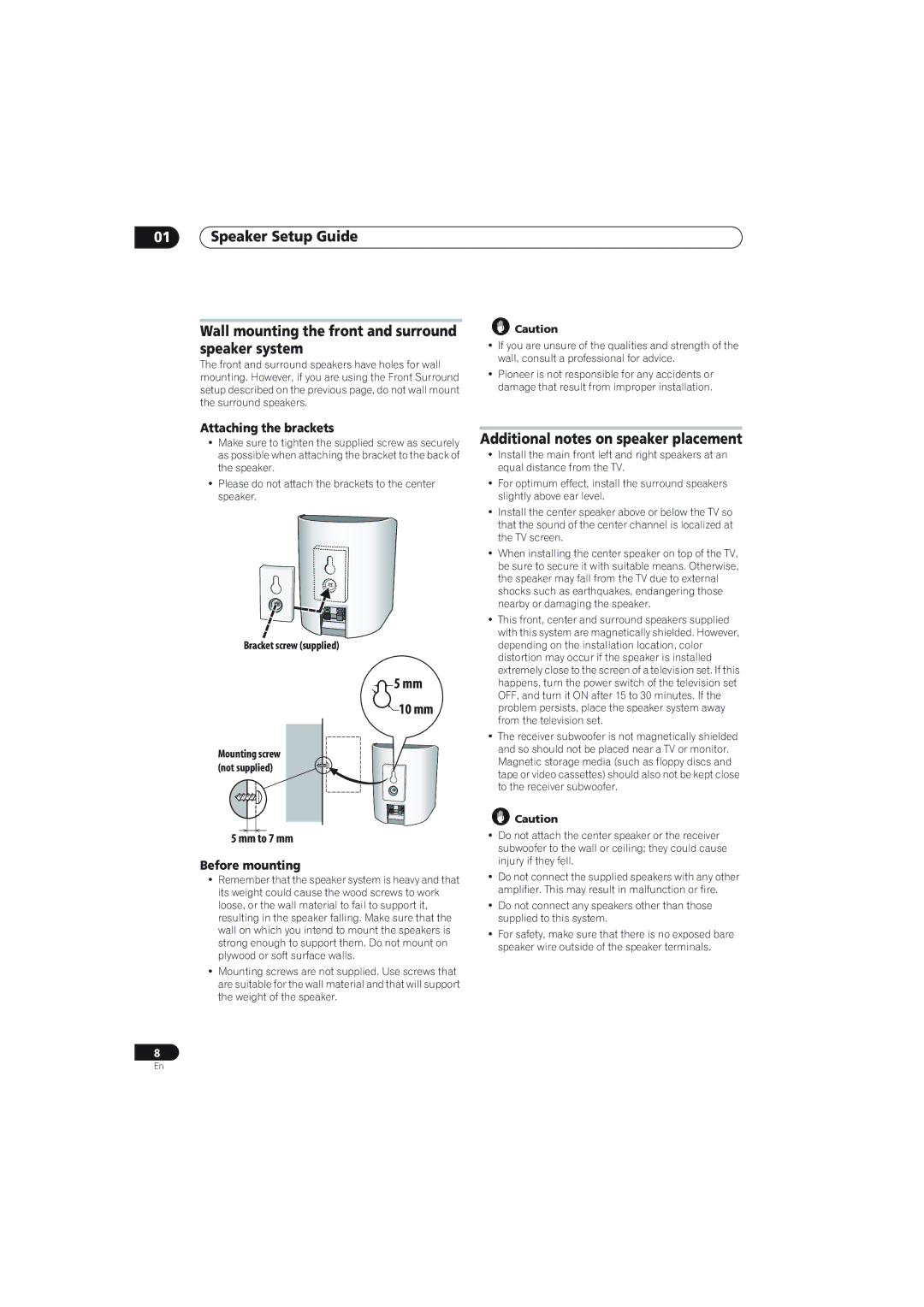 Pioneer S-X360, SX-X360 manual Additional notes on speaker placement, Attaching the brackets, Mm to 7 mm Before mounting 