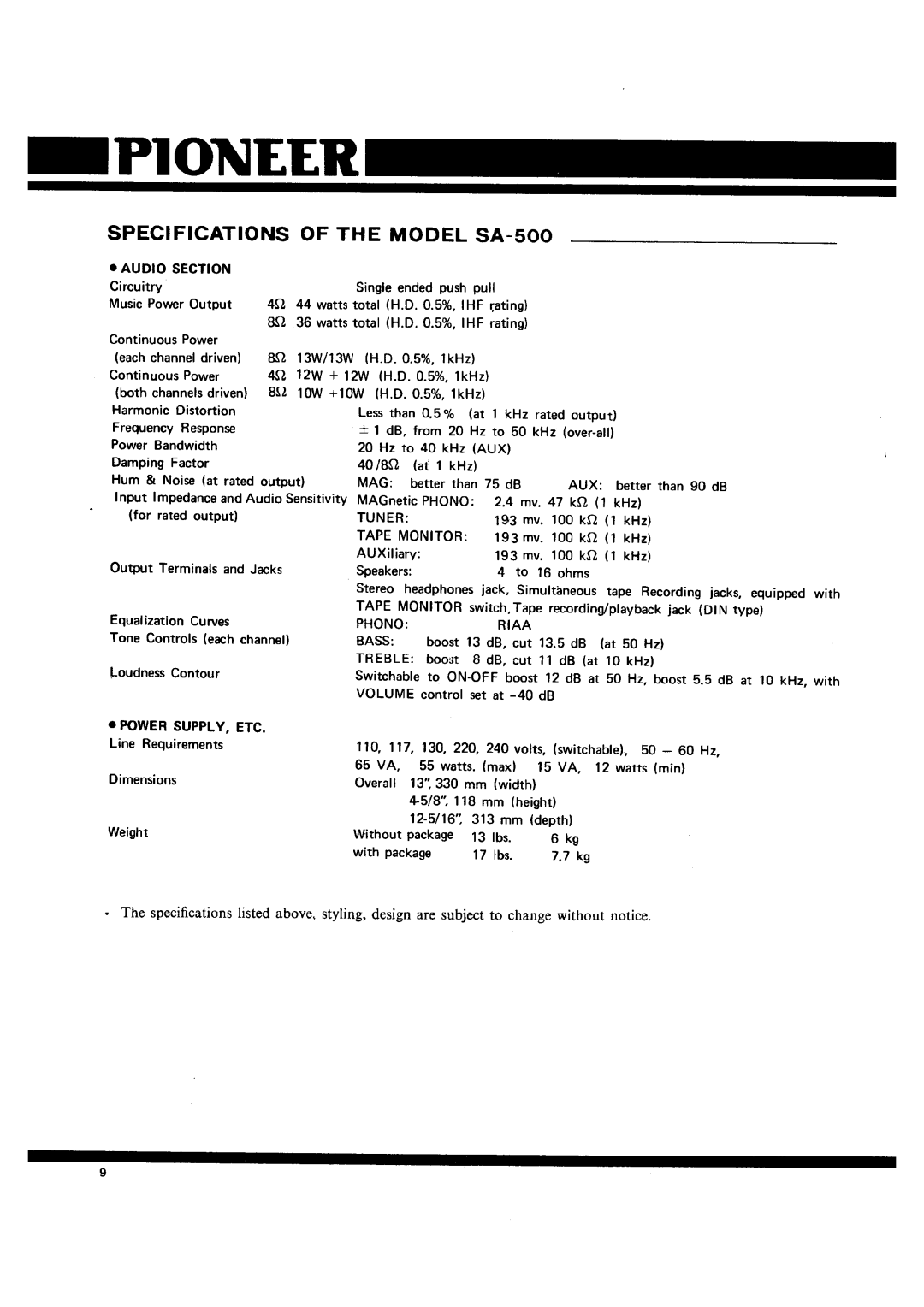 Pioneer SA-500 manual 