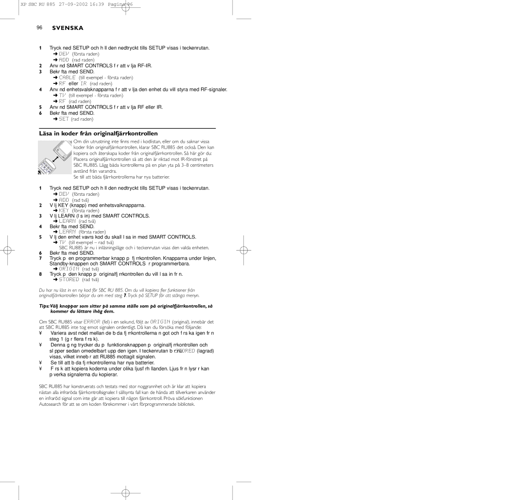 Pioneer SBC RU 885/00 manual Läsa in koder från originalfjärrkontrollen 