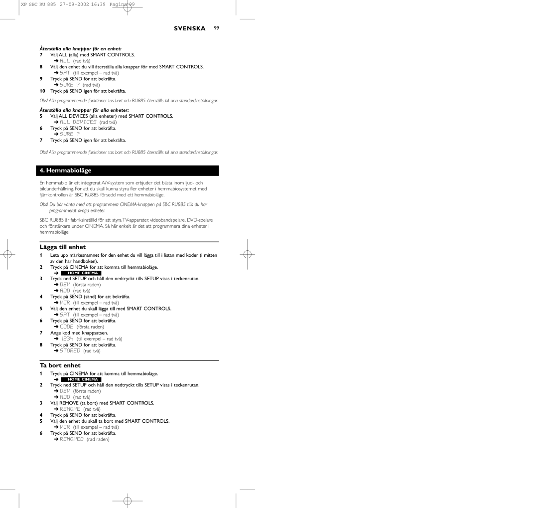 Pioneer SBC RU 885/00 manual Hemmabioläge, Återställa alla knappar för en enhet 