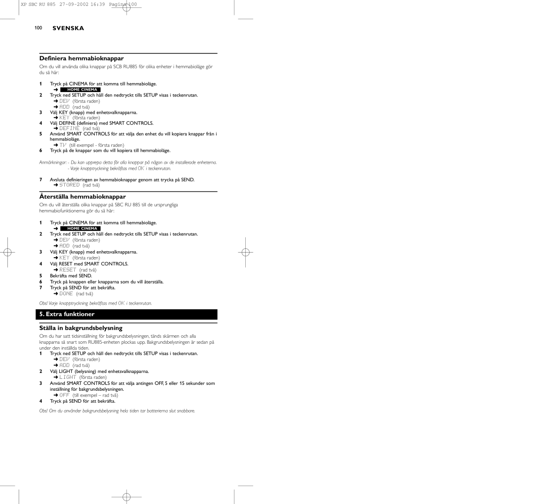 Pioneer SBC RU 885/00 manual Definiera hemmabioknappar, Återställa hemmabioknappar, Extra funktioner 