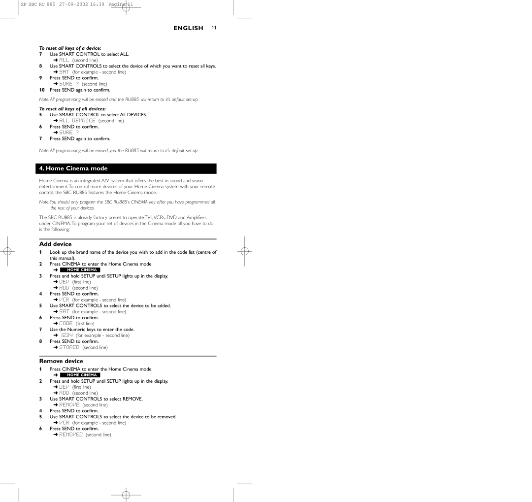 Pioneer SBC RU 885/00 manual Home Cinema mode, To reset all keys of a device 