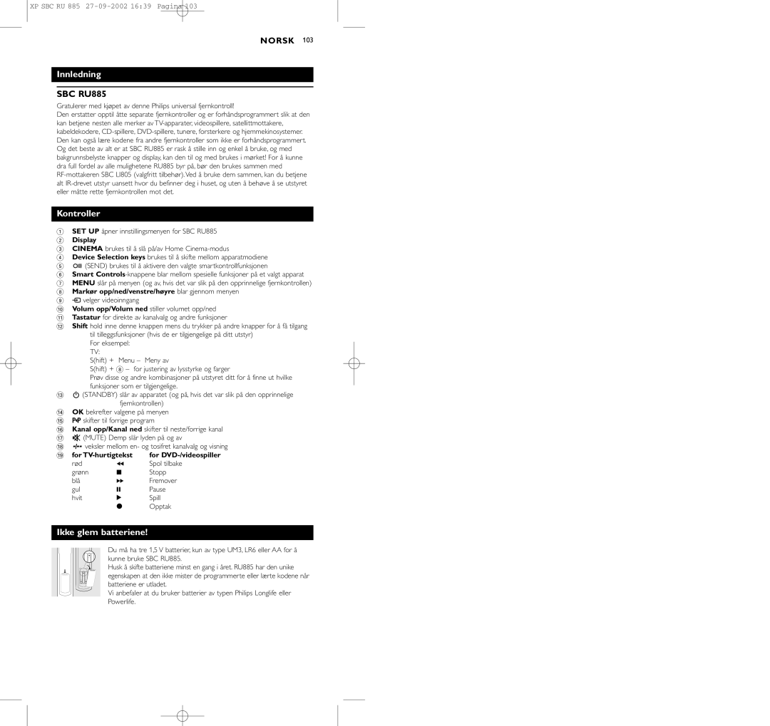 Pioneer SBC RU 885/00 manual Innledning, Ikke glem batteriene 