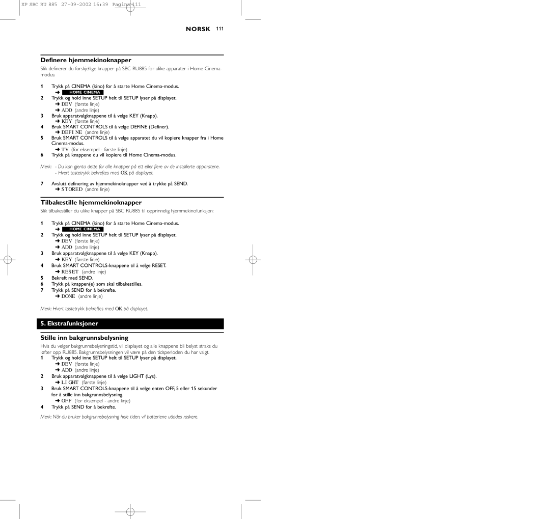 Pioneer SBC RU 885/00 manual Definere hjemmekinoknapper, Tilbakestille hjemmekinoknapper, Ekstrafunksjoner 