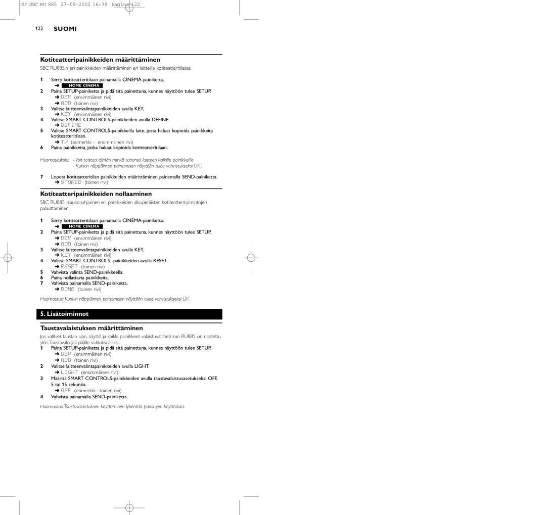 Pioneer SBC RU 885/00 manual Kotiteatteripainikkeiden määrittäminen, Kotiteatteripainikkeiden nollaaminen, Lisätoiminnot 