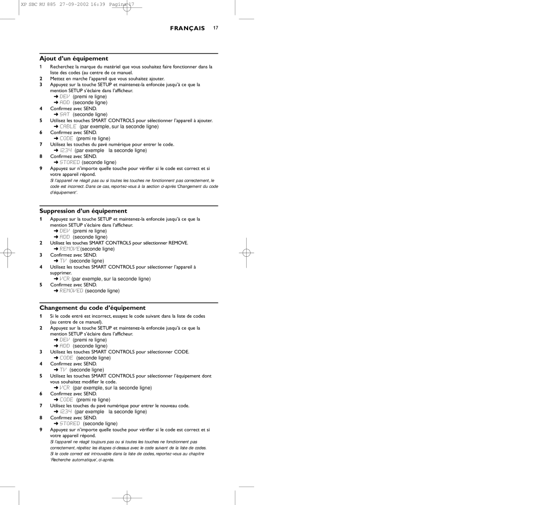 Pioneer SBC RU 885/00 manual Ajout d’un équipement, Suppression d’un équipement, Changement du code d’équipement 