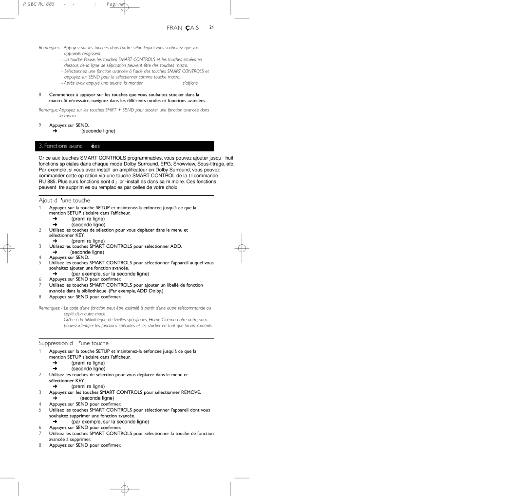 Pioneer SBC RU 885/00 manual Fonctions avancées, Ajout d’une touche, Suppression d’une touche 