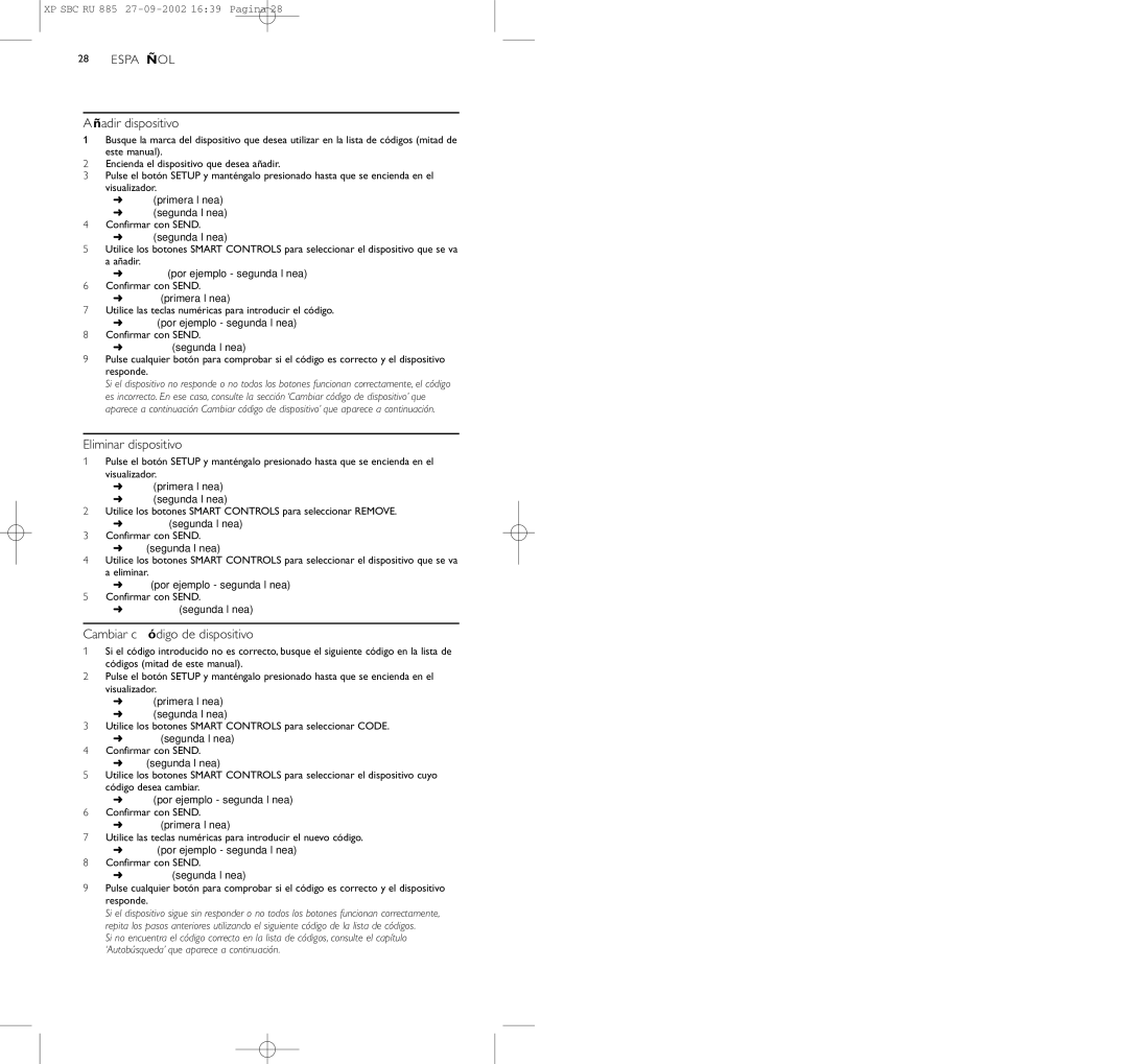 Pioneer SBC RU 885/00 manual Añadir dispositivo, Eliminar dispositivo, Cambiar código de dispositivo 