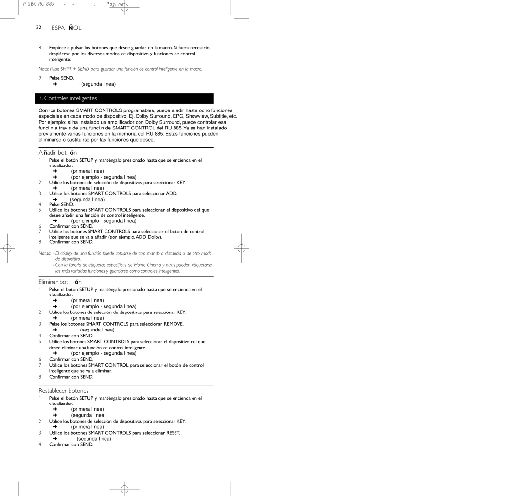 Pioneer SBC RU 885/00 manual Controles inteligentes, Añadir botón, Eliminar botón, Restablecer botones 