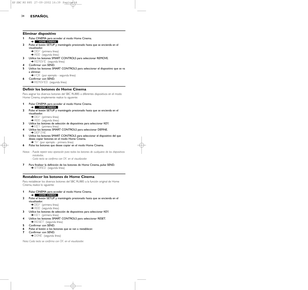 Pioneer SBC RU 885/00 manual Definir los botones de Home Cinema, Restablecer los botones de Home Cinema 