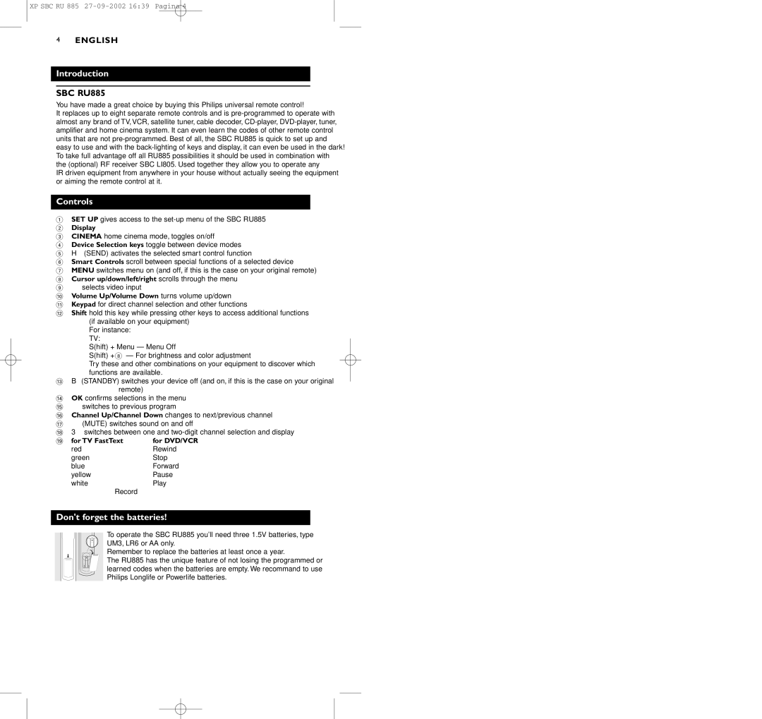 Pioneer SBC RU 885/00 manual Introduction, Controls, Dont forget the batteries 