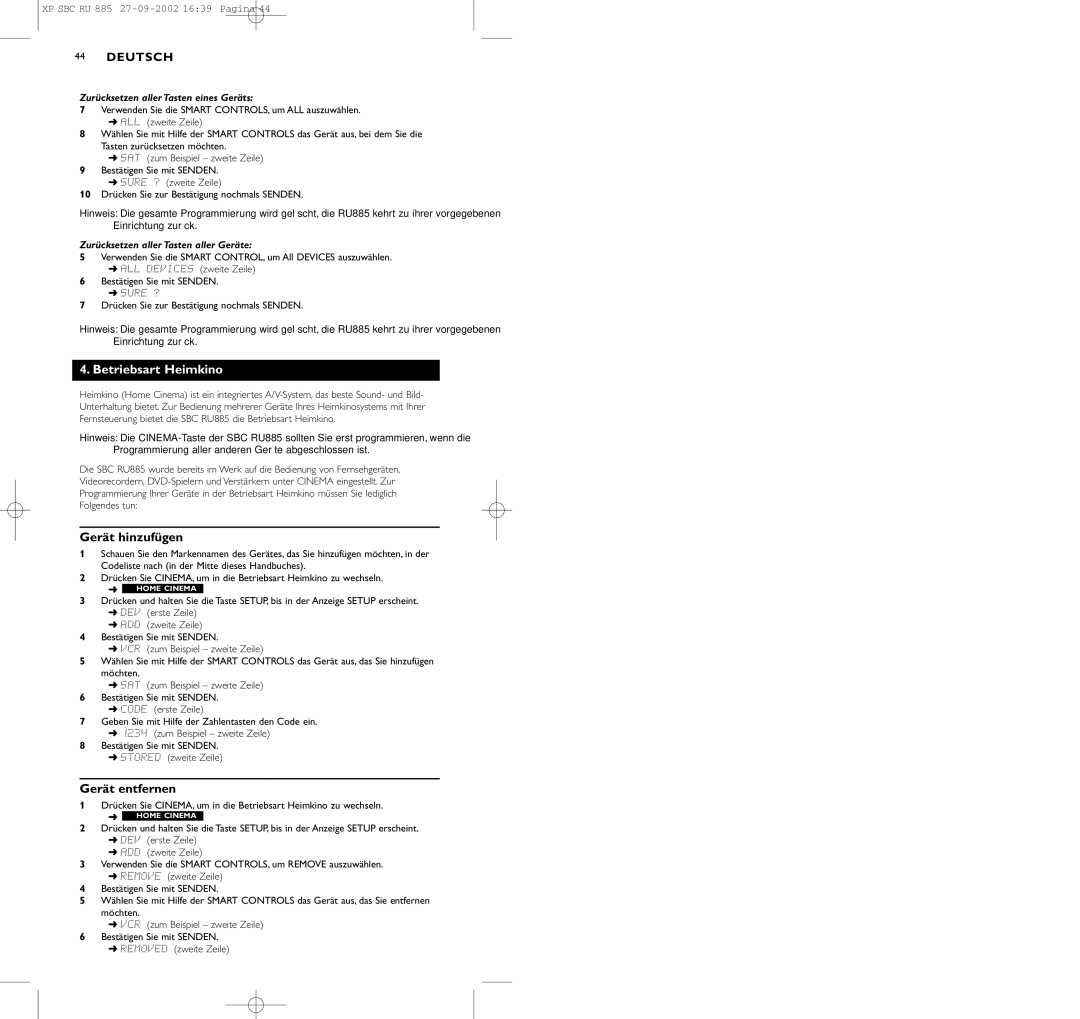 Pioneer SBC RU 885/00 manual Betriebsart Heimkino, Zurücksetzen aller Tasten eines Geräts 