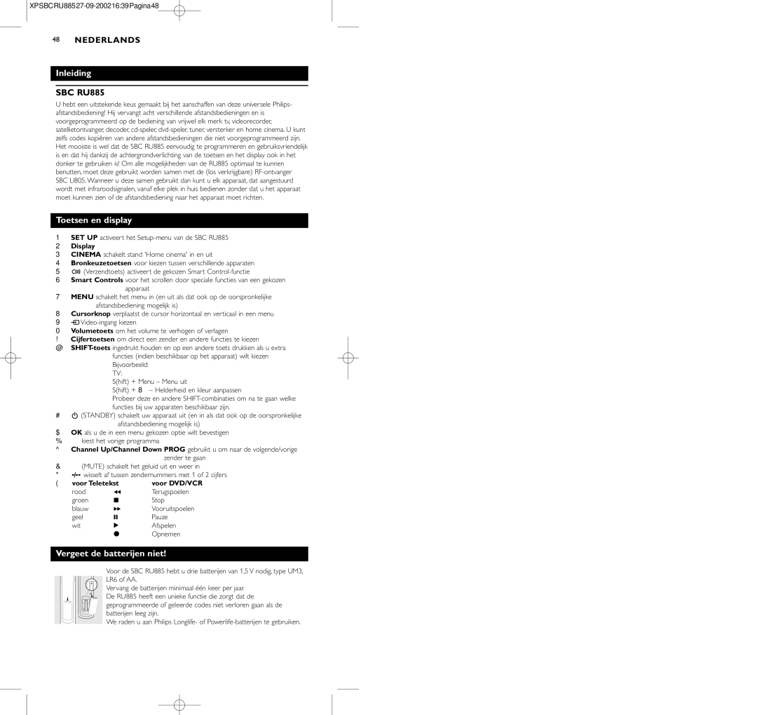 Pioneer SBC RU 885/00 manual Inleiding, Toetsen en display, Vergeet de batterijen niet 