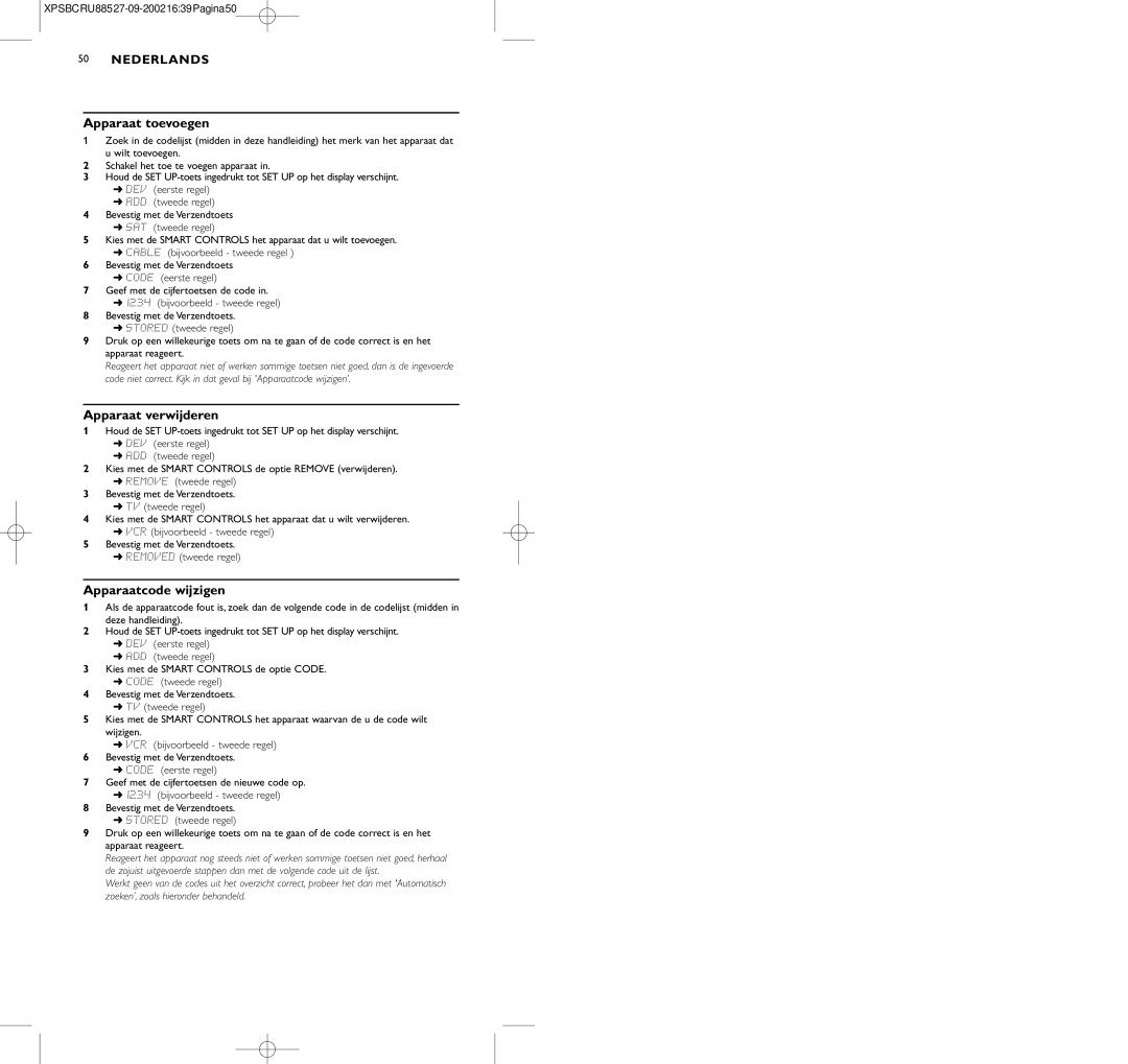 Pioneer SBC RU 885/00 manual Apparaat toevoegen, Apparaat verwijderen, Apparaatcode wijzigen 