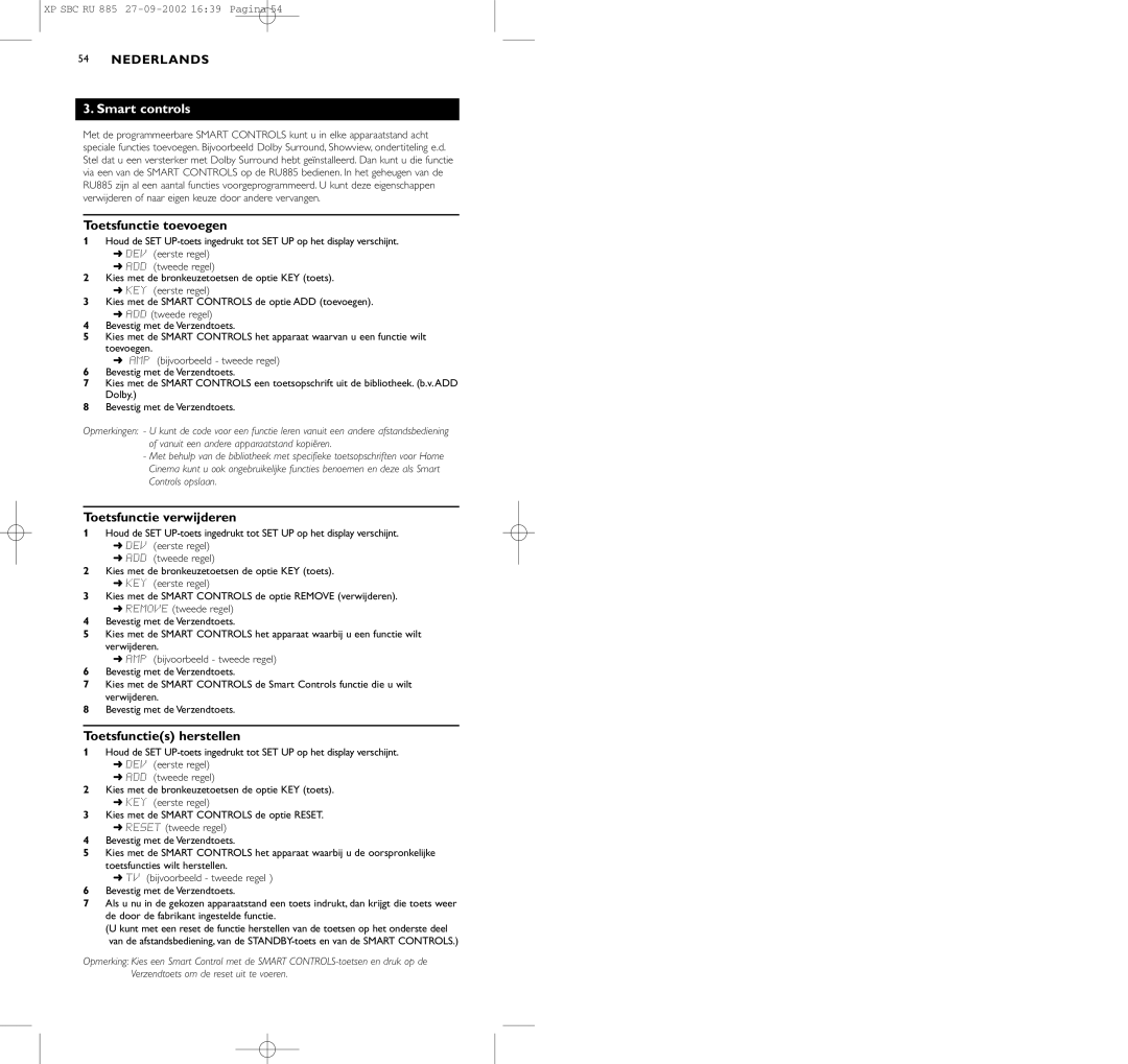 Pioneer SBC RU 885/00 manual Toetsfunctie toevoegen, Toetsfunctie verwijderen, Toetsfuncties herstellen 