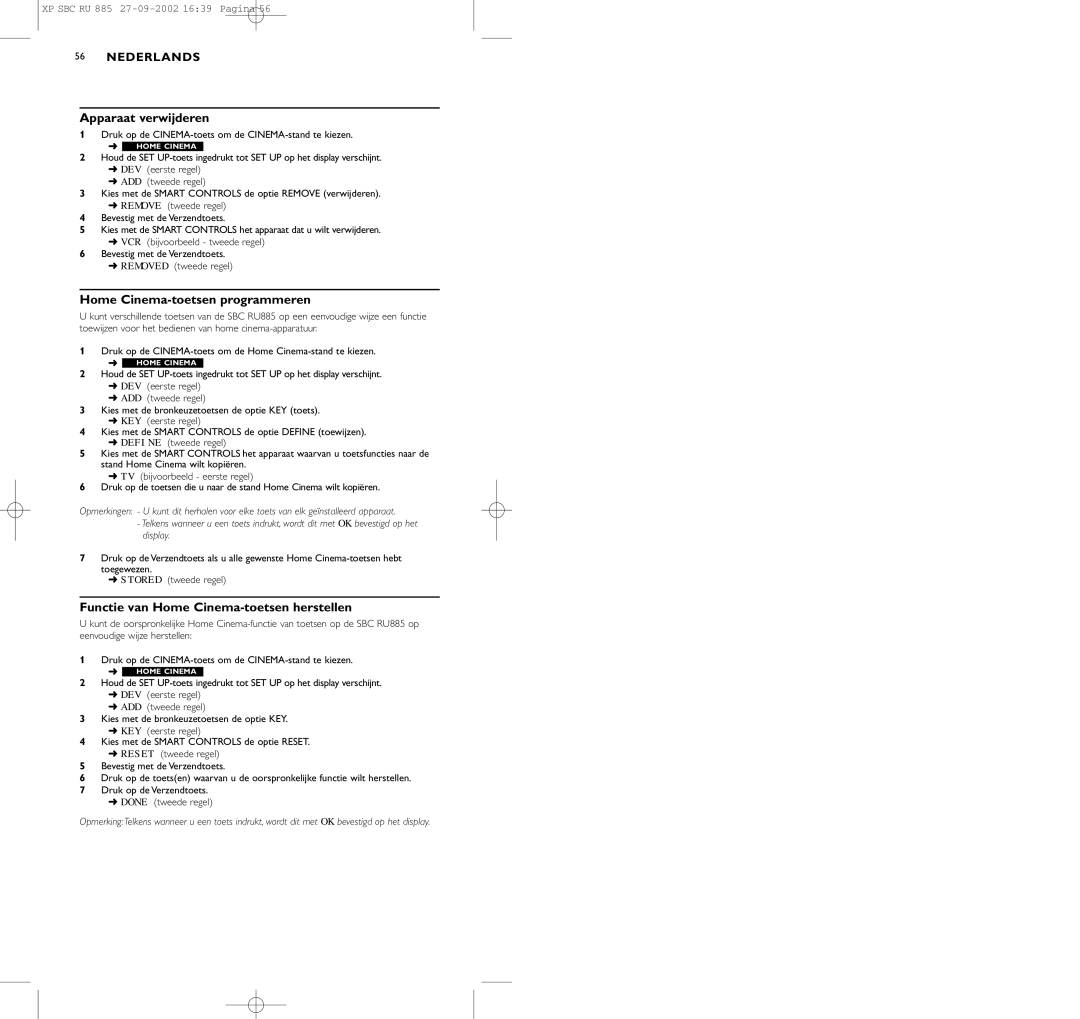 Pioneer SBC RU 885/00 manual Home Cinema-toetsen programmeren, Functie van Home Cinema-toetsen herstellen 