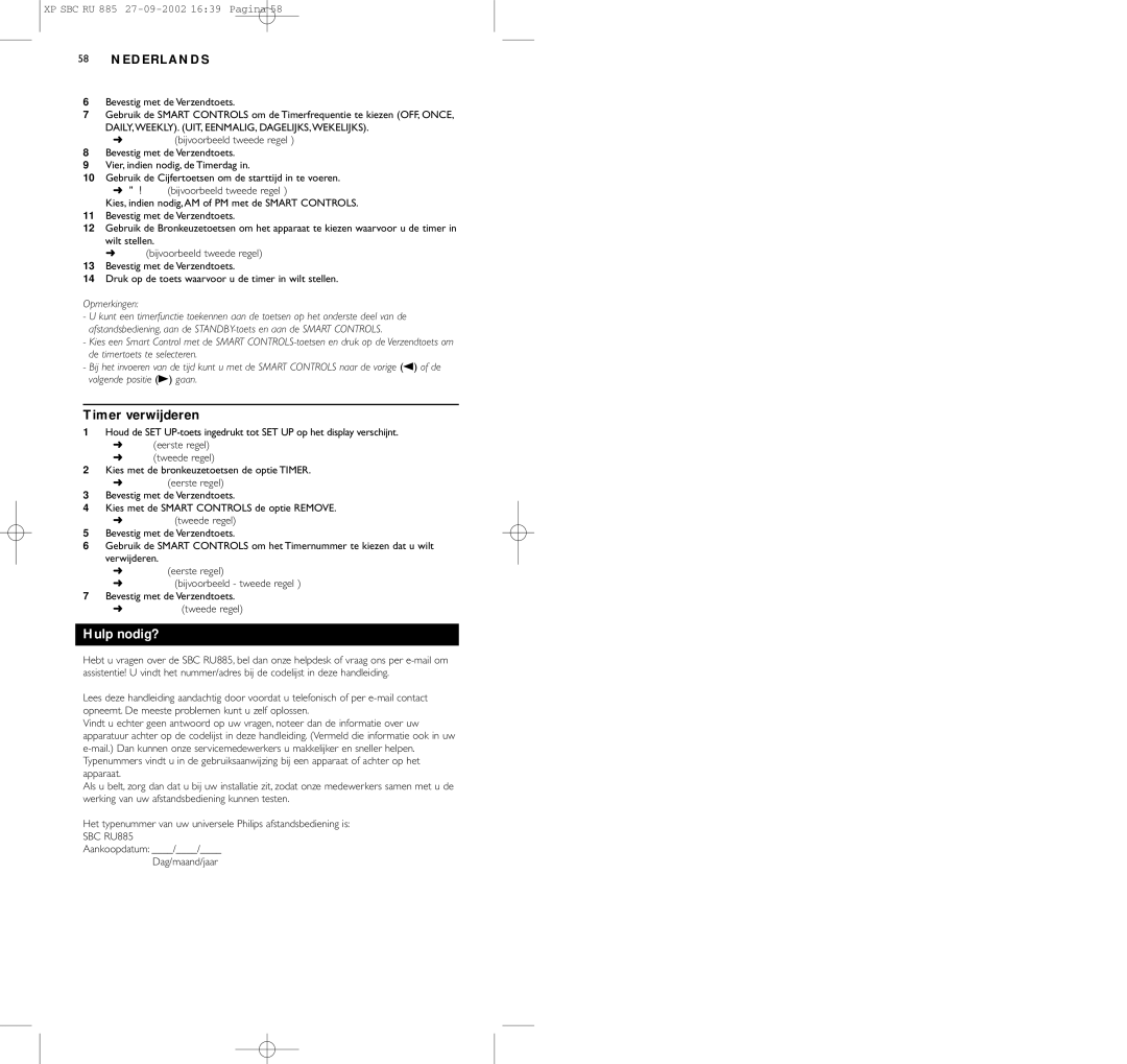 Pioneer SBC RU 885/00 manual Timer verwijderen, Hulp nodig? 