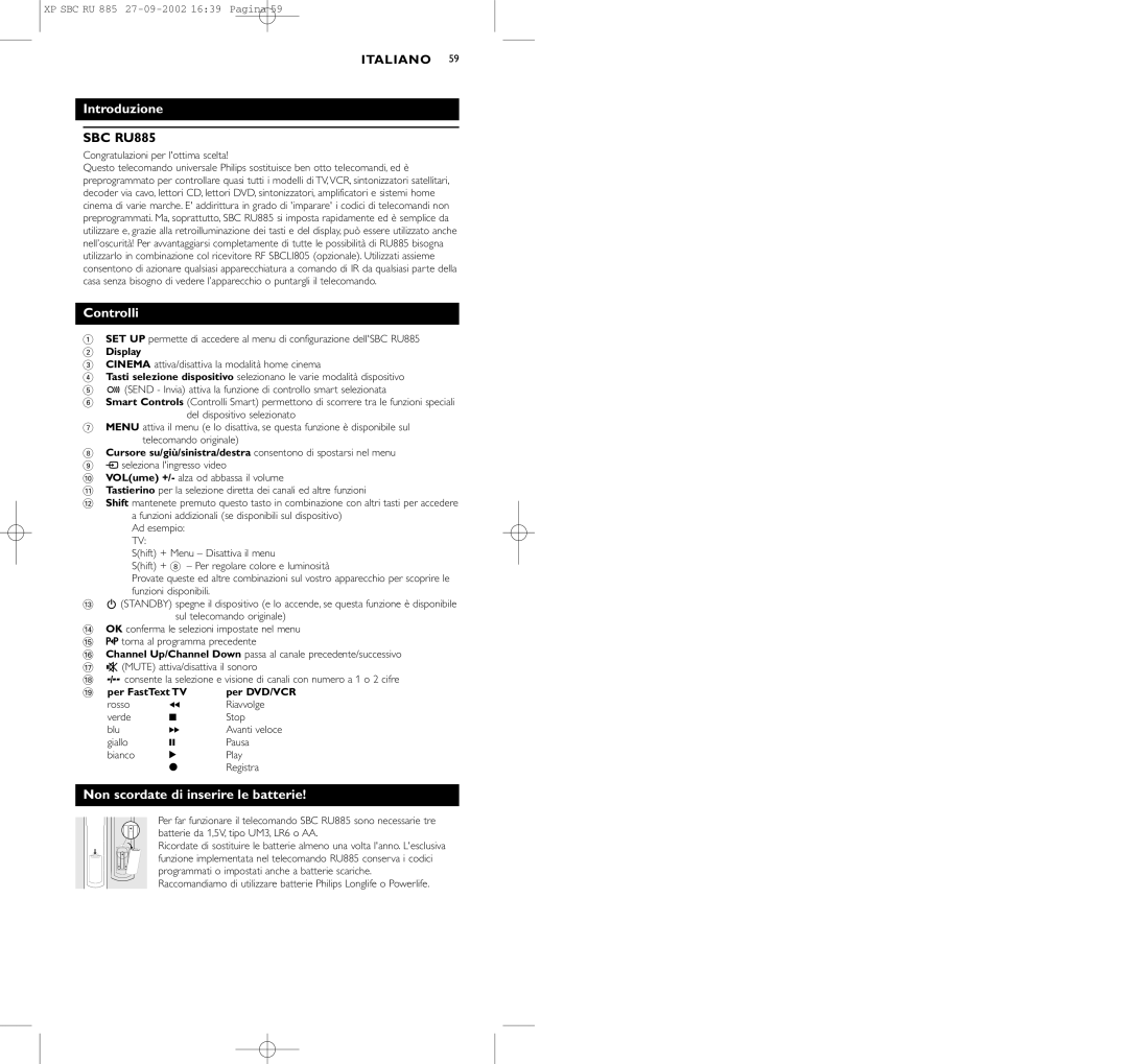 Pioneer SBC RU 885/00 manual Introduzione, Controlli, Non scordate di inserire le batterie 