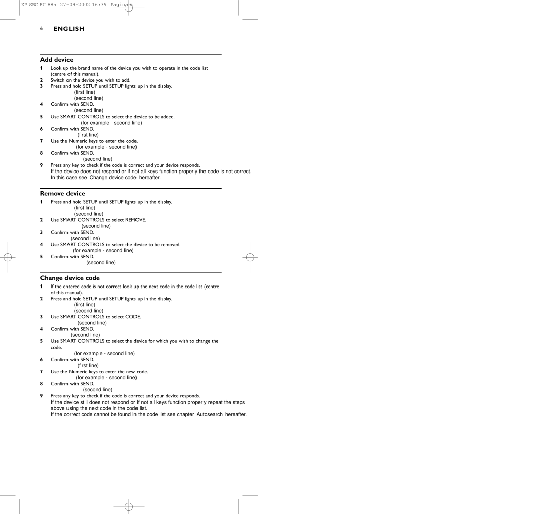 Pioneer SBC RU 885/00 manual Add device, Remove device, Change device code 