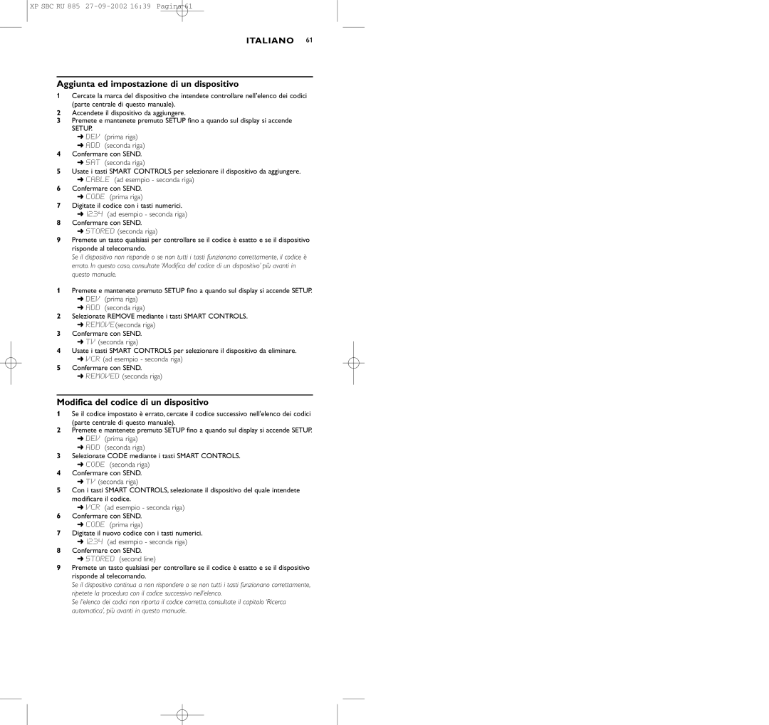 Pioneer SBC RU 885/00 manual Aggiunta ed impostazione di un dispositivo, Modifica del codice di un dispositivo 