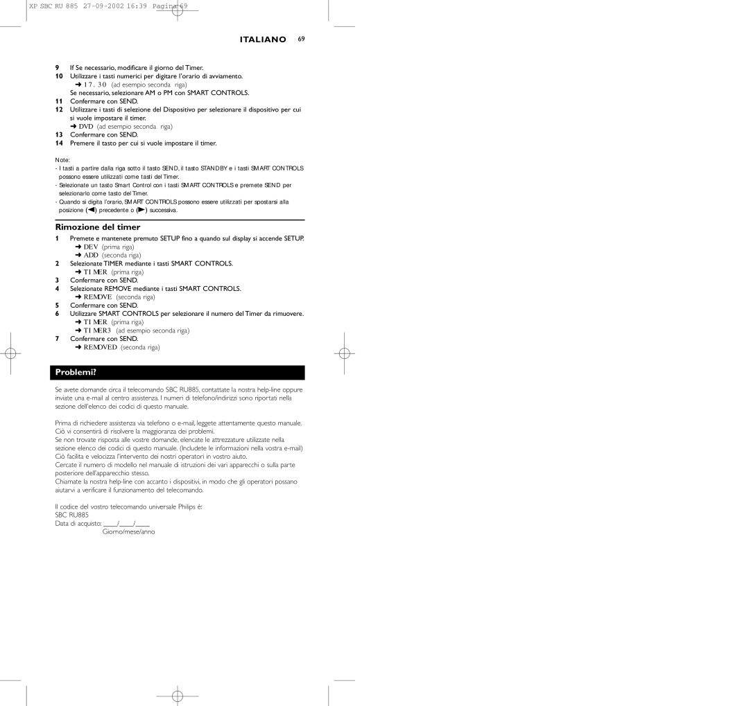 Pioneer SBC RU 885/00 manual Rimozione del timer, Problemi? 