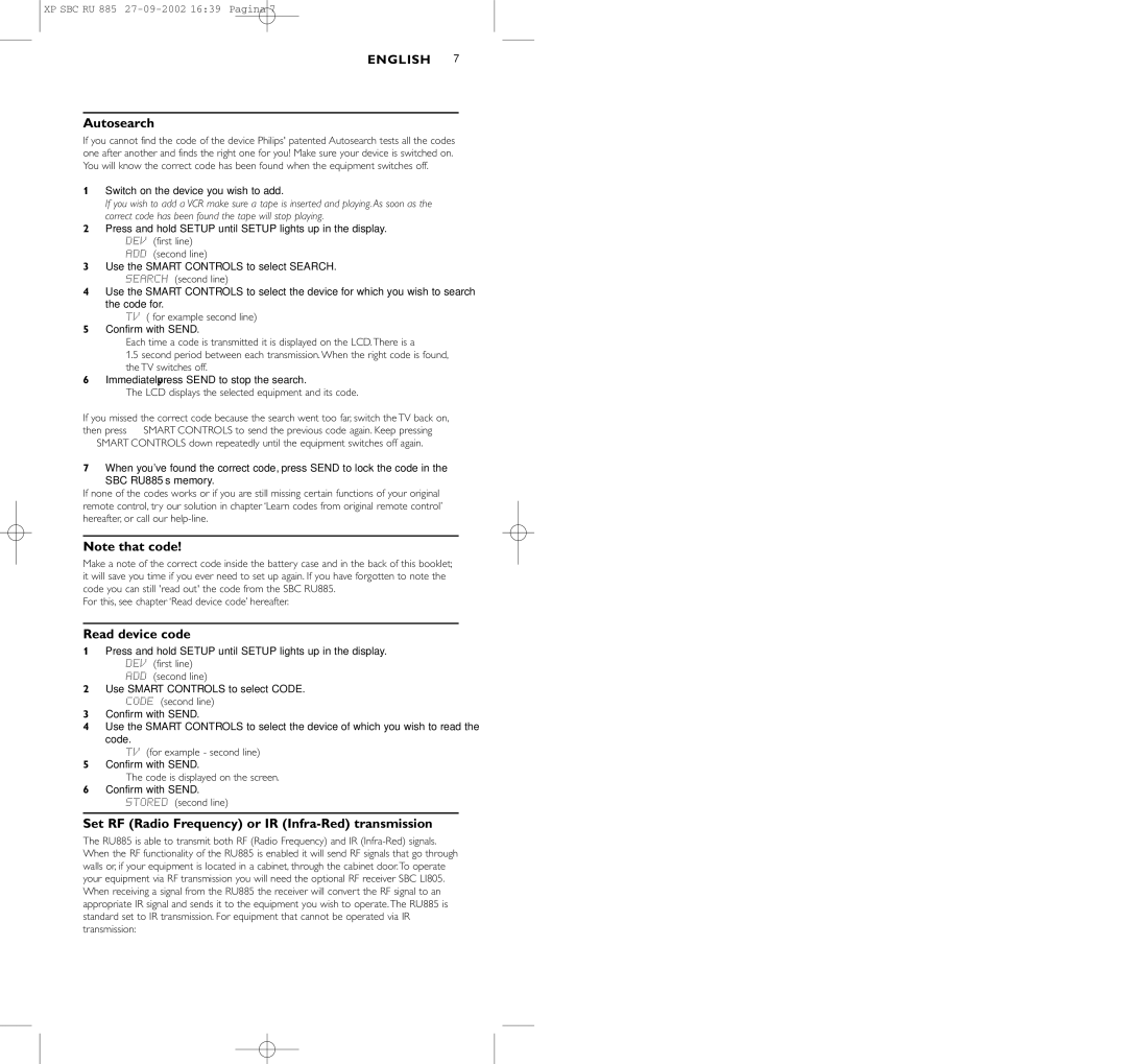 Pioneer SBC RU 885/00 manual Autosearch, Read device code, Set RF Radio Frequency or IR Infra-Red transmission 