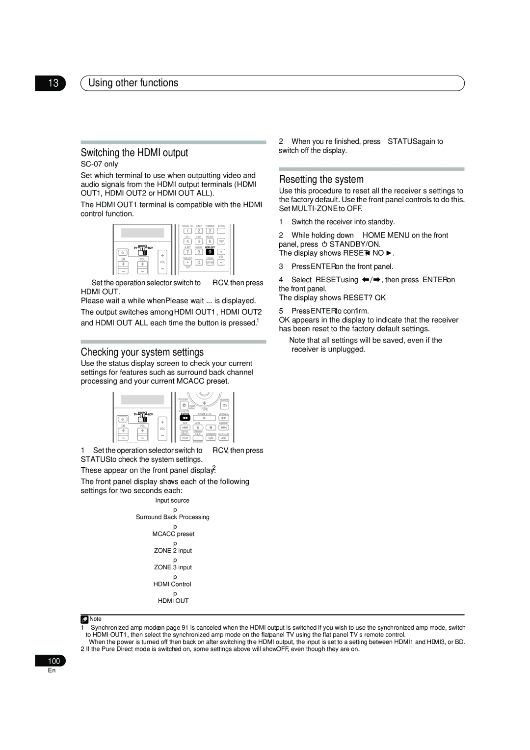 Pioneer SC-07, SC-05 Using other functions Switching the Hdmi output, Checking your system settings, Resetting the system 