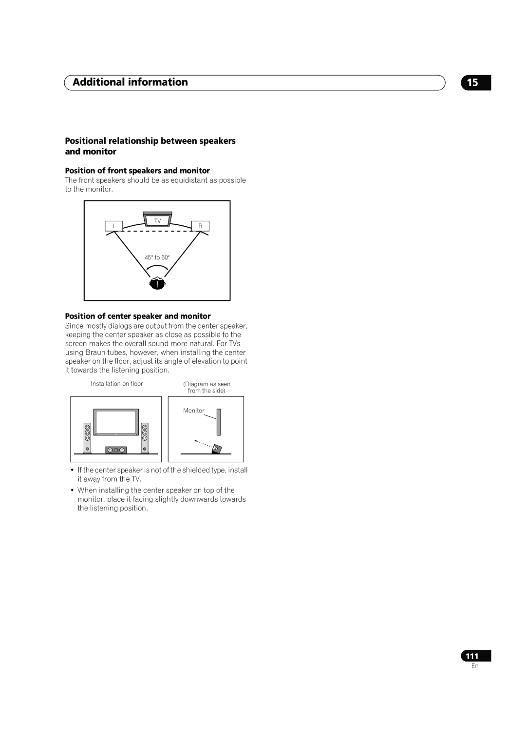 Pioneer SC-05, SC-07 manual Positional relationship between speakers and monitor, Position of front speakers and monitor 