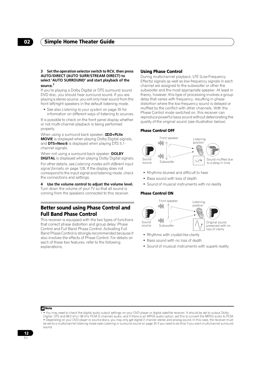 Pioneer SC-07, SC-05 manual Using Phase Control, Phase Control OFF, Phase Control on, Source.1 