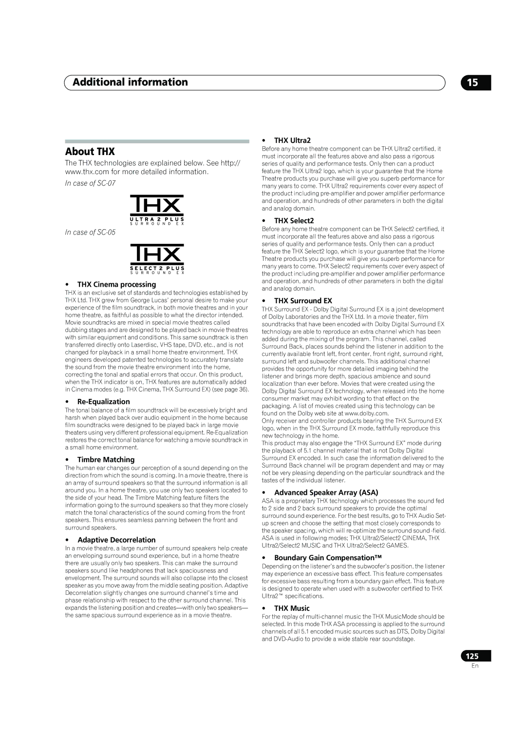 Pioneer SC-05, SC-07 manual Additional information About THX 