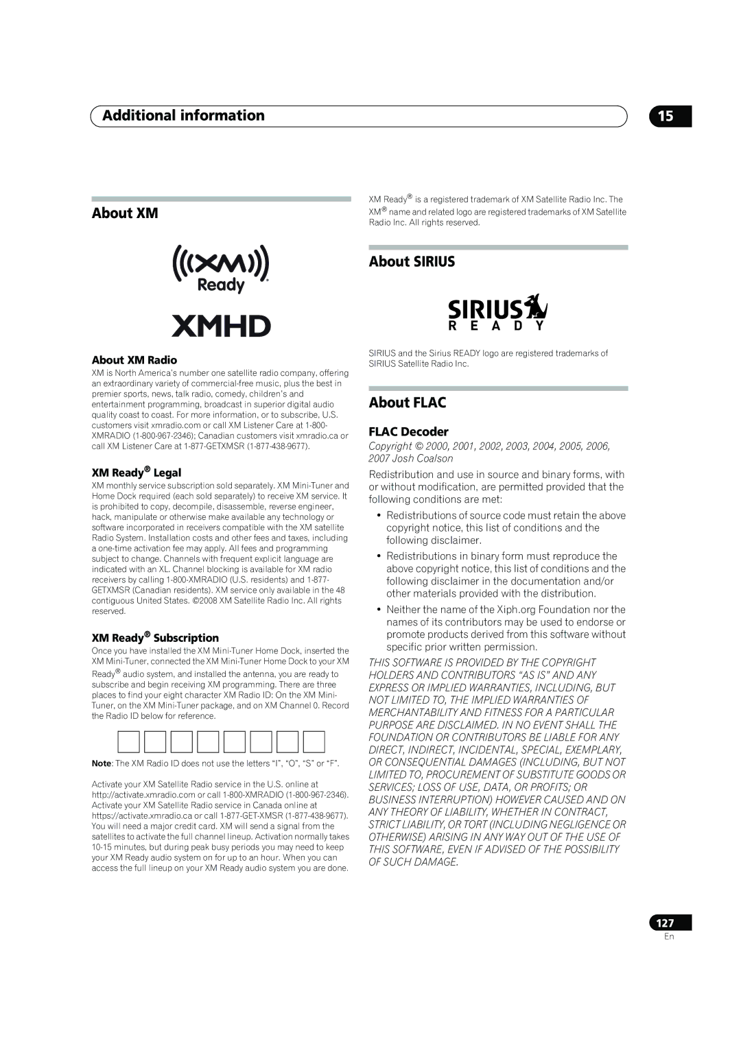 Pioneer SC-05, SC-07 manual Additional information About XM, About Sirius, About Flac, Flac Decoder 