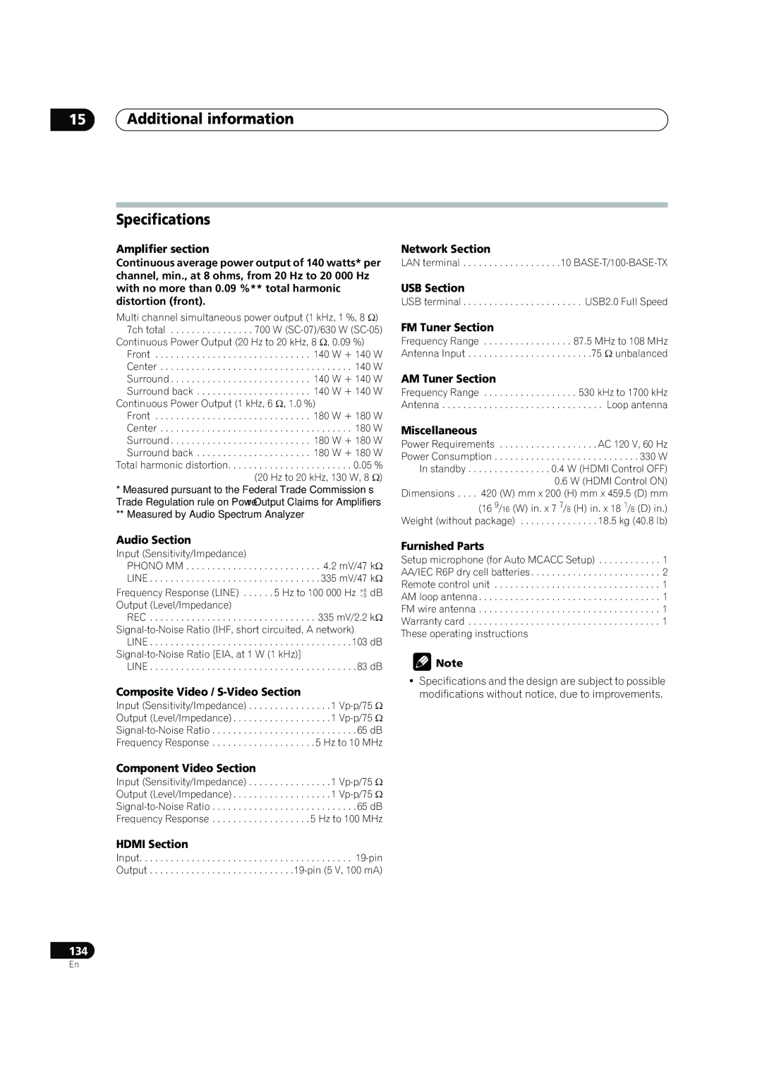 Pioneer SC-07, SC-05 manual Additional information Specifications 