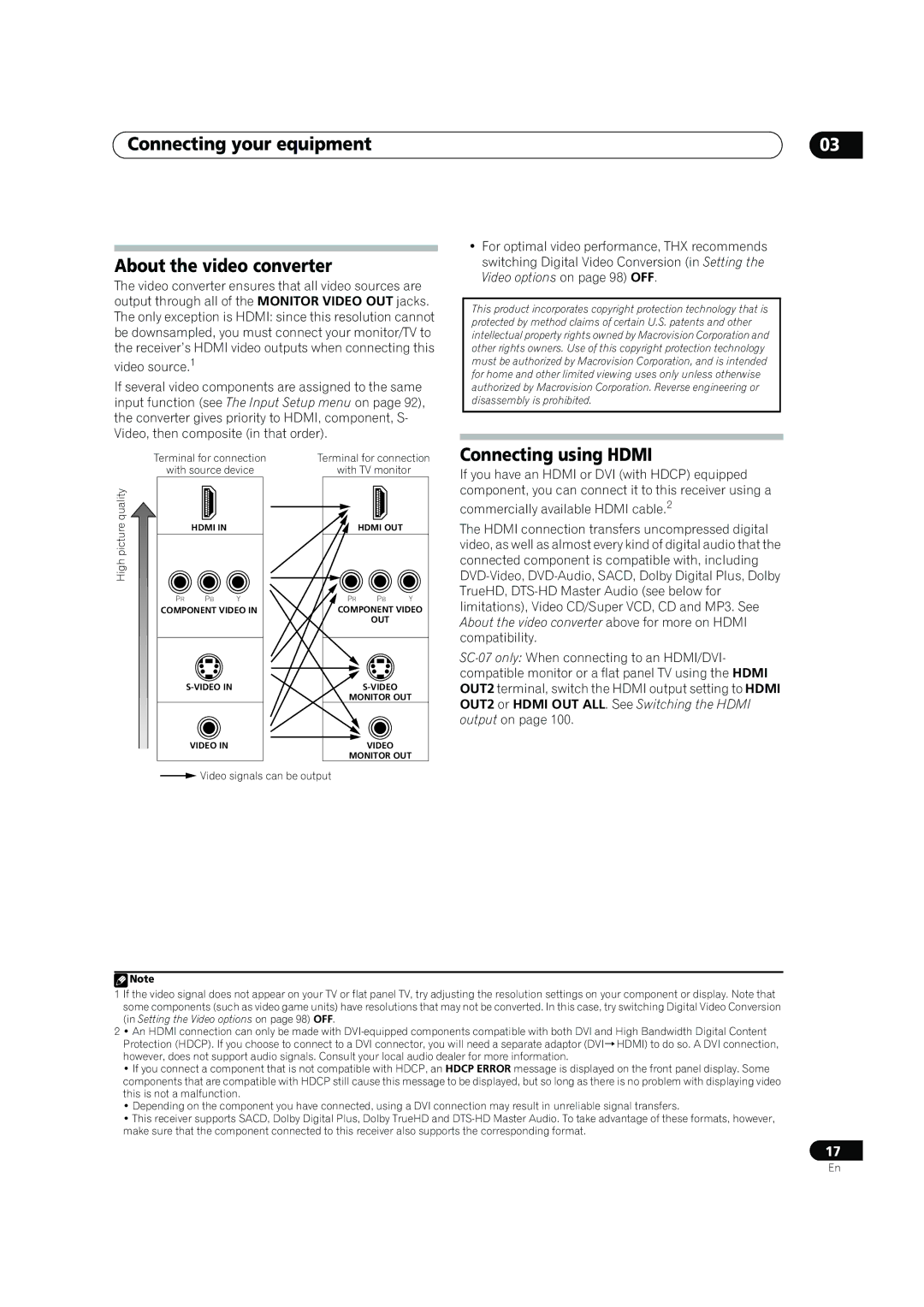 Pioneer SC-05, SC-07 manual Connecting your equipment About the video converter, Connecting using Hdmi 