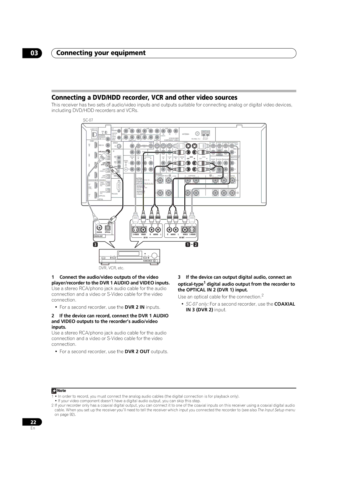 Pioneer SC-07, SC-05 manual For a second recorder, use the DVR 2 in inputs 